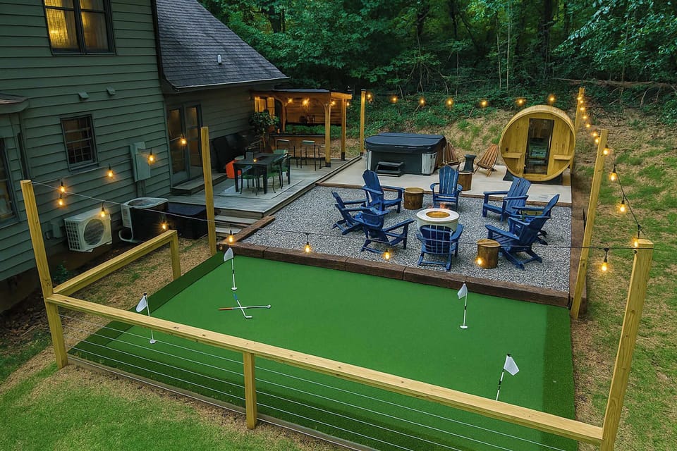 Catch a stunning view of your backyard playground — complete with a hot tub, sauna, firepit, bar, and putt-putt! The ultimate outdoor escape is all yours to explore!