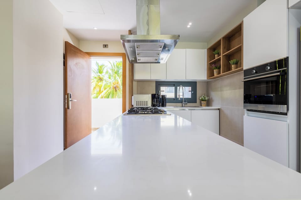 Deluxe Condo | Private kitchen | Full-size fridge, microwave, oven, coffee/tea maker