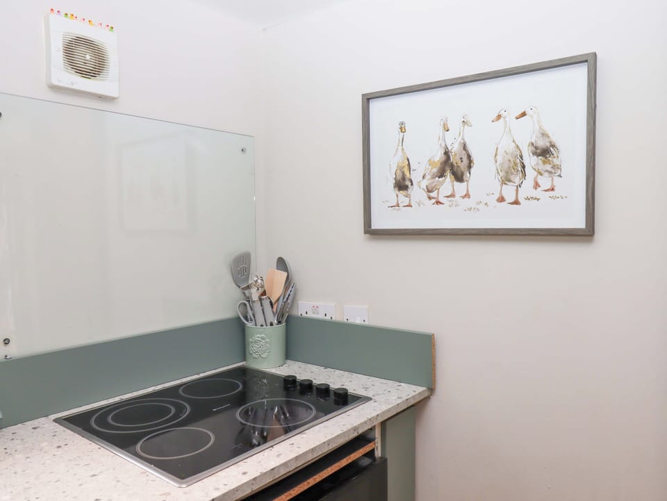 Fridge, microwave, toaster, cookware/dishes/utensils