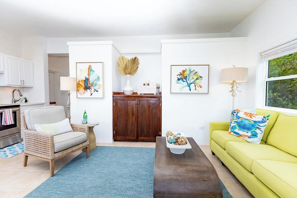 The living room couch opens to a queen size sofa bed