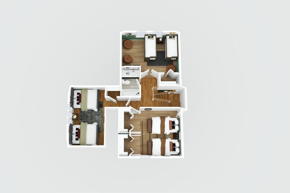 Top Floor Layout – Dual Queen Bedrooms, Ski-Themed Bunk Room (4 Beds) & Full Bath

