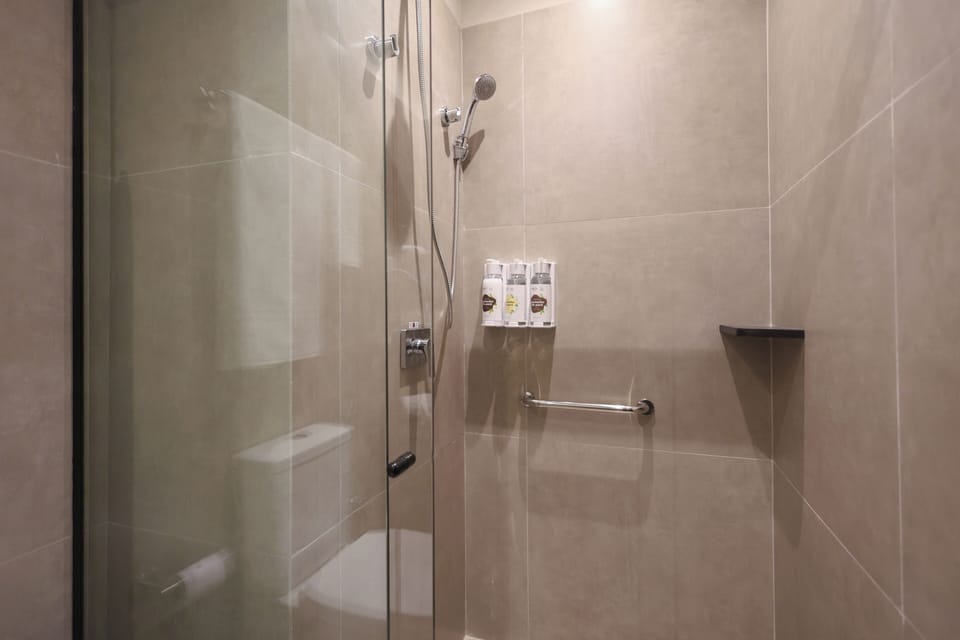Shower, free toiletries, hair dryer, towels