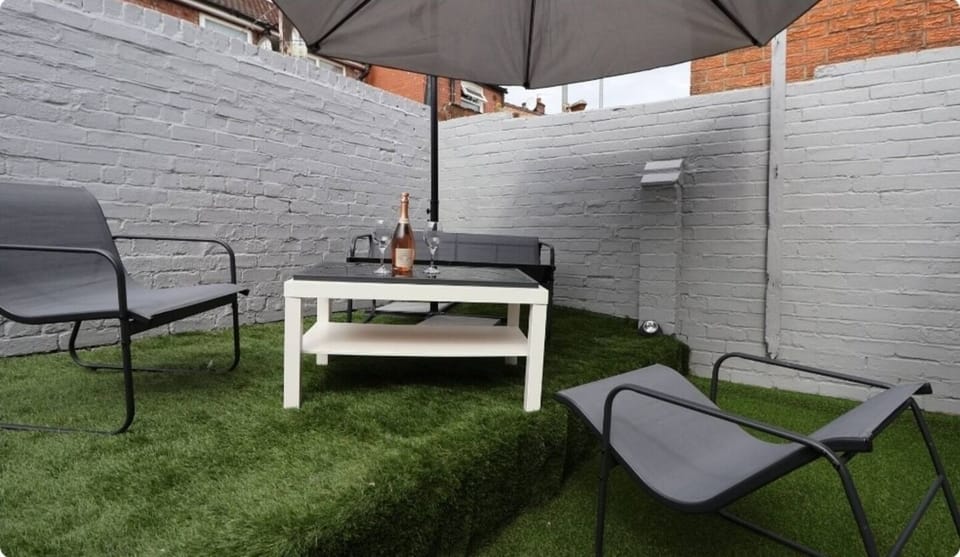 Outdoor seating area with umbrella