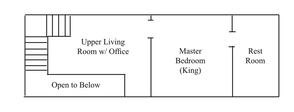 Floorplan to Breeze Condo's upper level showing a staircase with "L" turn into upper level living room, then master bedroom with king bed and large rest room.