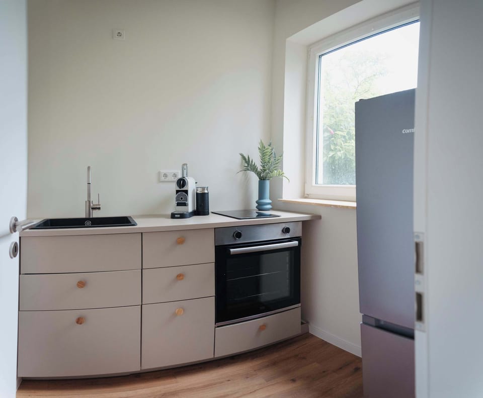Küche mit hochwertig ausgestatteter Küchenzeile und einem Kühlschrank