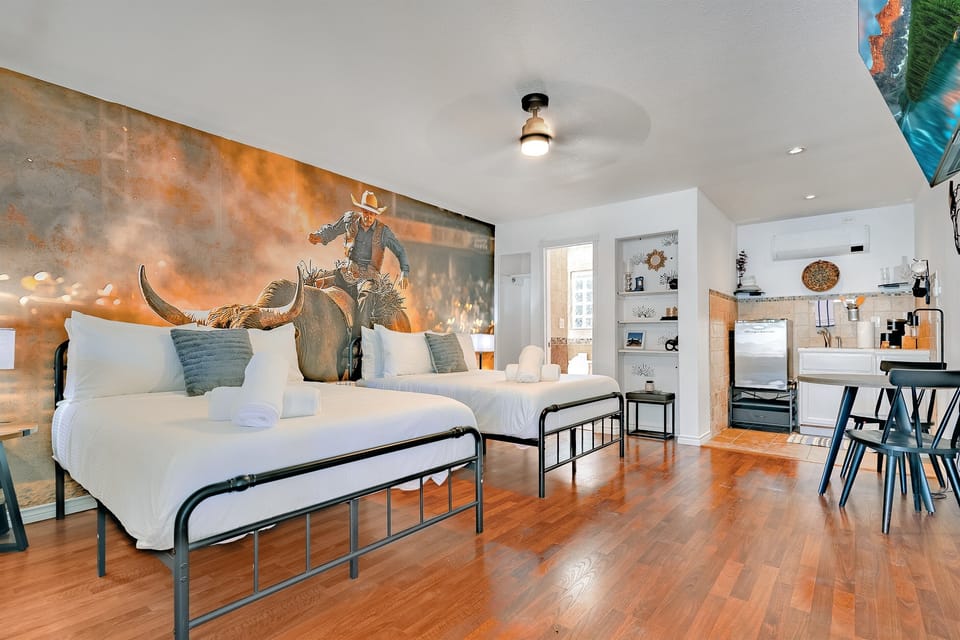 The space is thoughtfully styled to create a peaceful haven after a day of exploration.