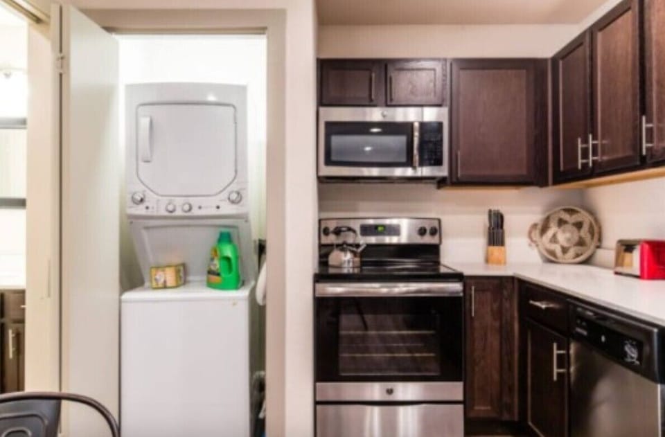 Washer and dryer are ready for your convenience.