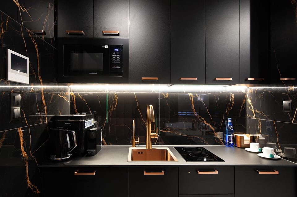 Full-size fridge, microwave, stovetop, dishwasher