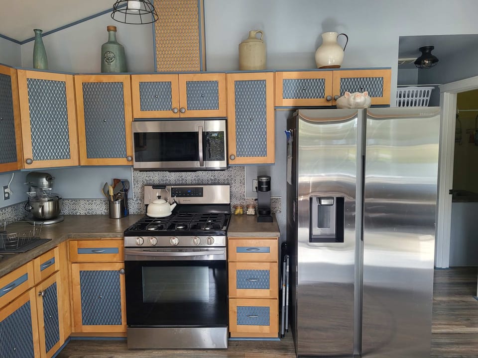 Stove and fridge.