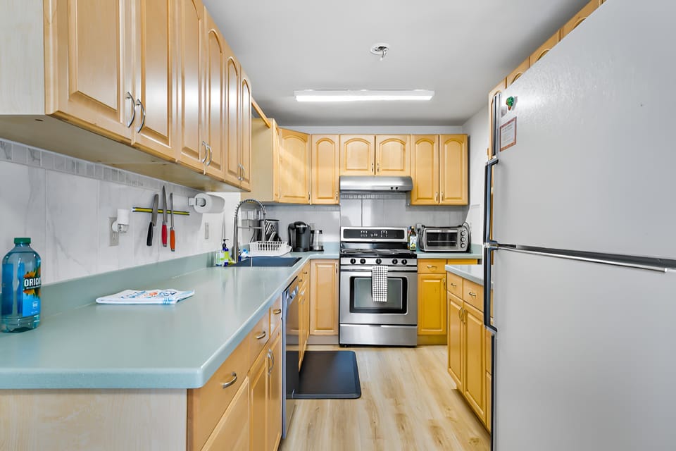 kitchen with propane stove; microwave; toaster oven; coffee station.   Fully stocked.