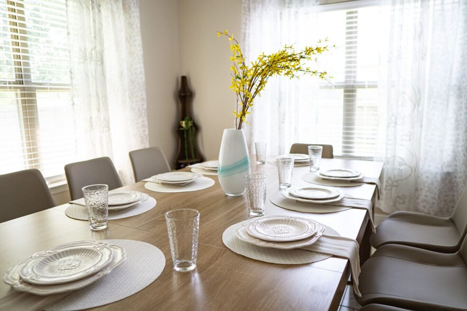 Bright Dining Room | Elegant Table for 8 | Sheer Curtains | Contemporary Decor