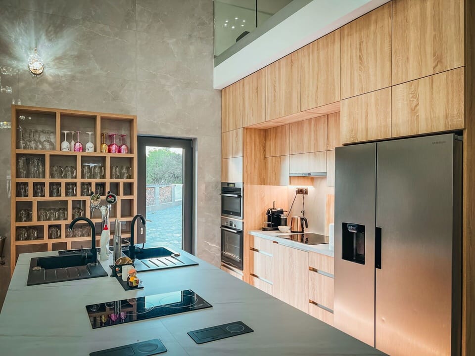 Kitchen, Interior Design, Kitchen Appliance, Flooring, Countertop, Furniture, Wood, Ceiling, Floor, Major Appliance