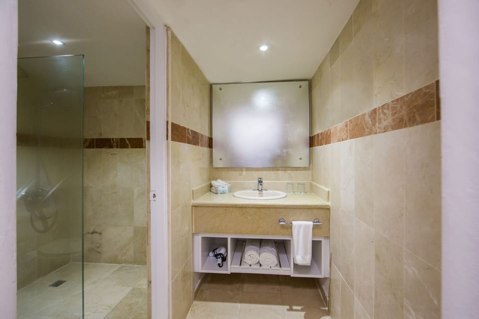 Shower, eco-friendly toiletries, hair dryer, towels