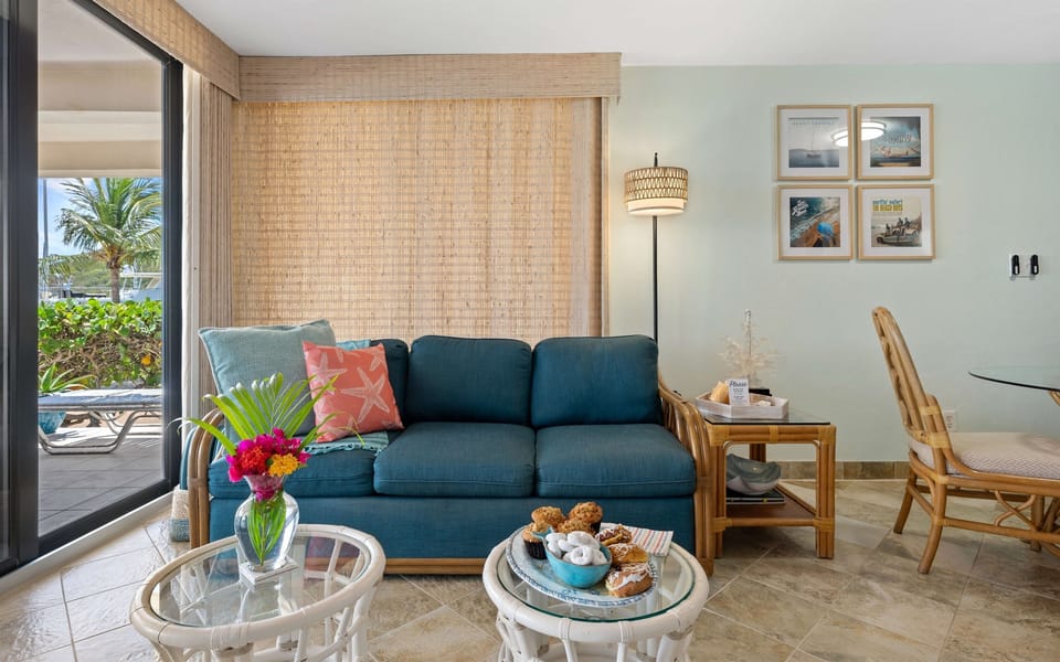 Cozy living area with a comfy couch to unwind after a day in the sun