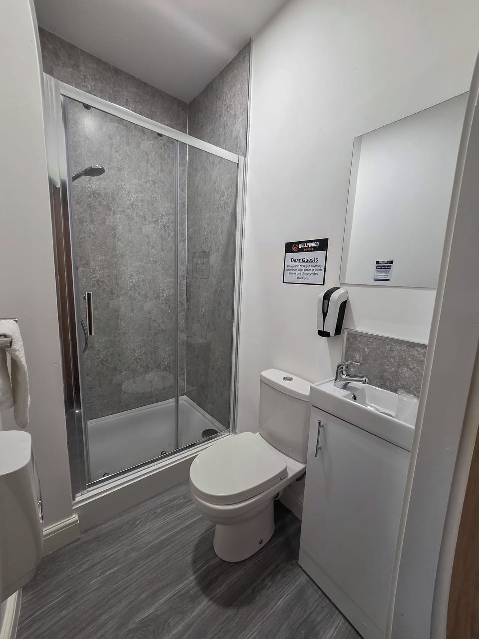 Shower, towels, soap, shampoo