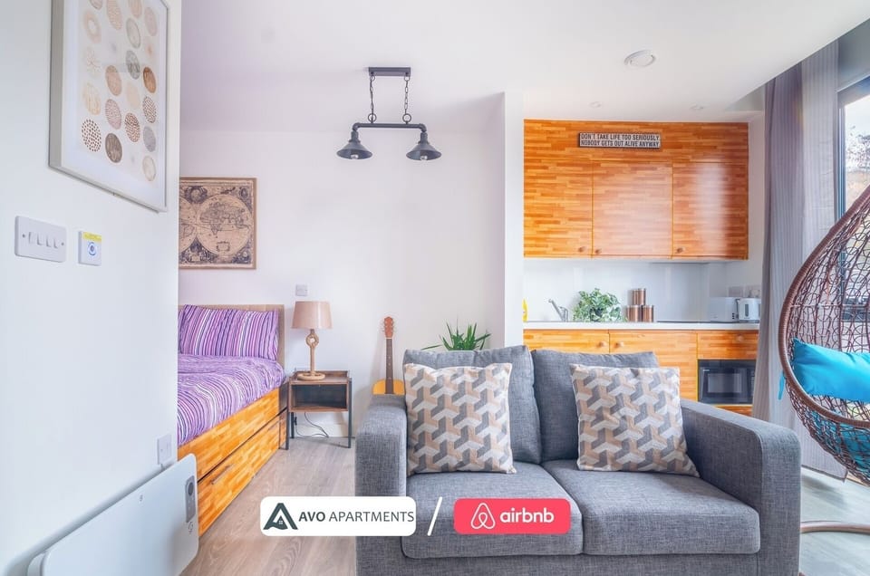 Lounge, Bedroom & Kitchen at Avo Apartments Short Lets & Serviced Accommodation