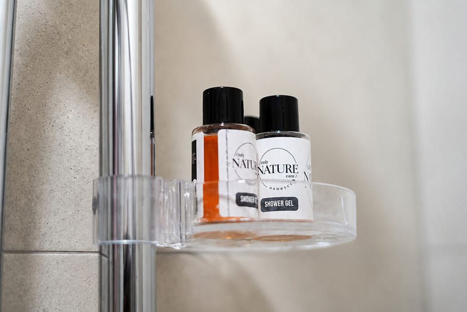Shower, free toiletries, hair dryer, towels