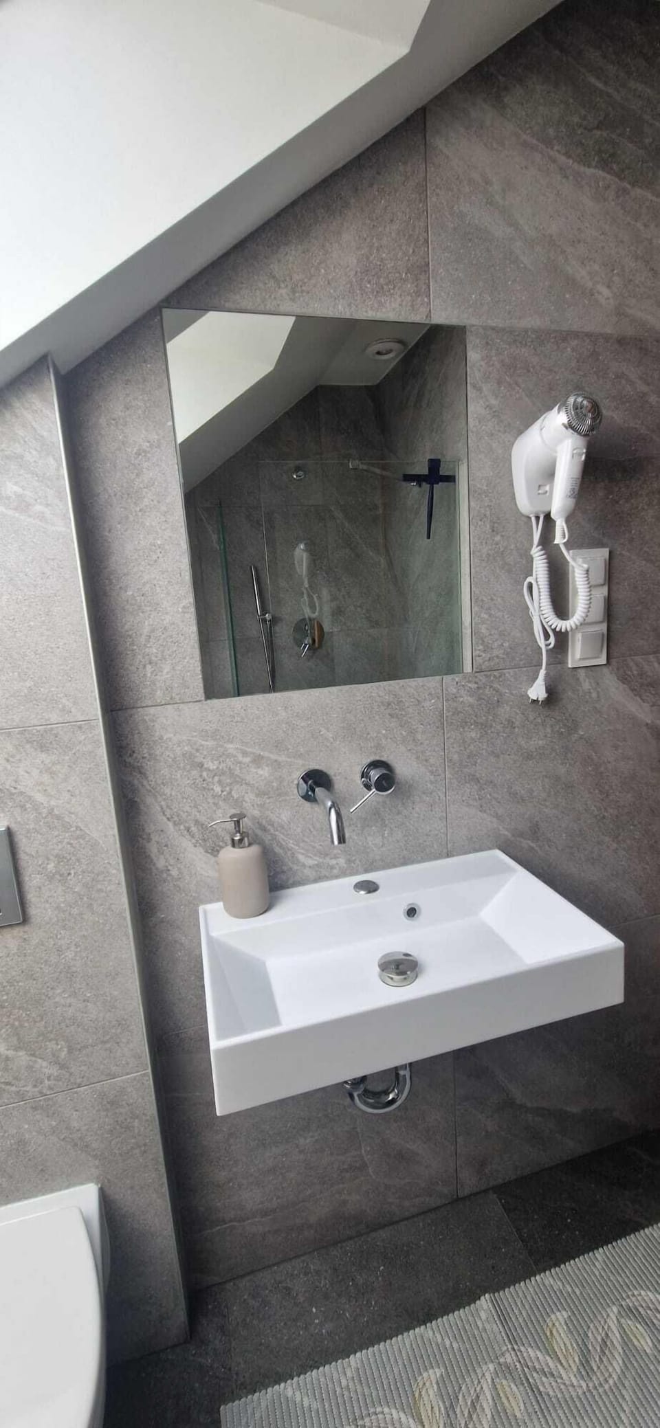 Hair dryer, towels, soap, shampoo