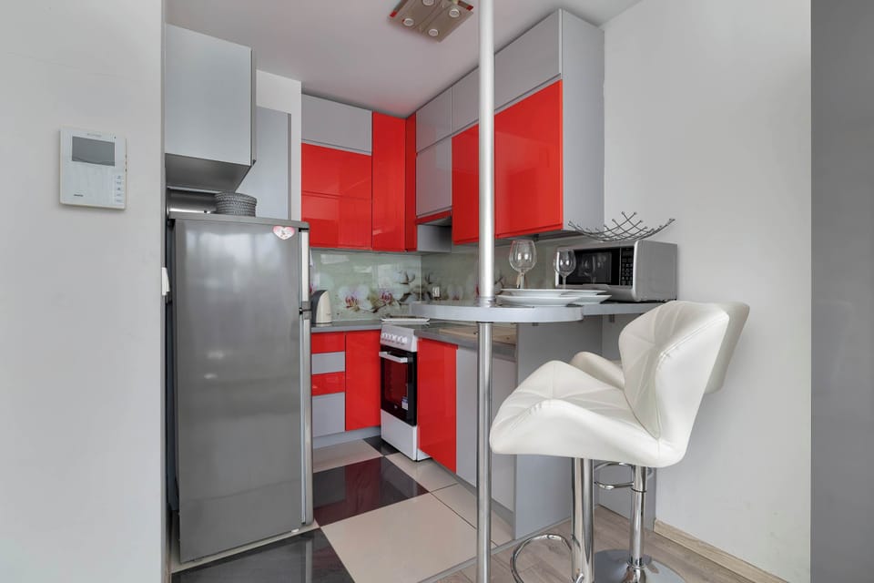 Kitchen with red cabinetry – Fully equipped with a bold, modern design.
