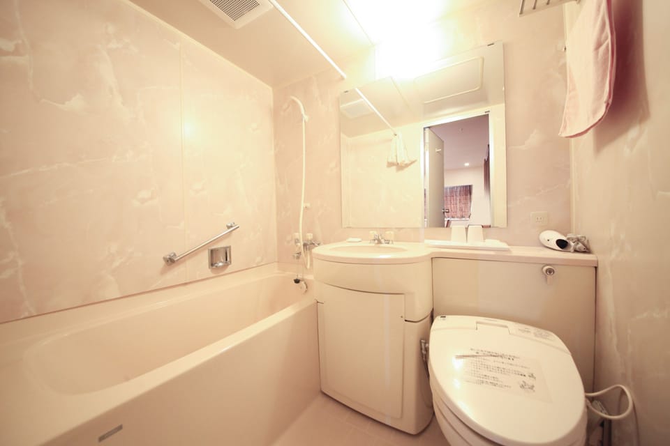 Separate tub and shower, deep soaking tub, free toiletries, hair dryer