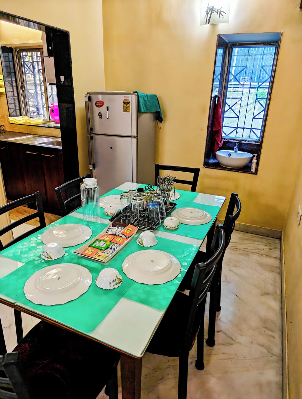DINING TABLE AND SHARP REFRIGERATOR 