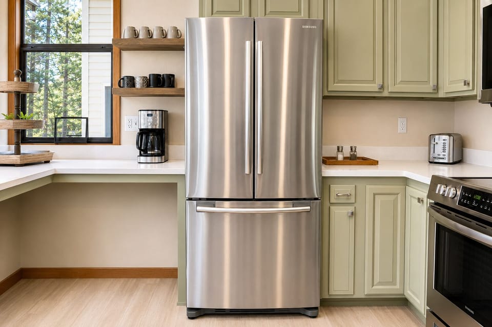 Your well-appointed kitchen features modern stainless appliances, custom cabinetry, and forest views—perfect for preparing meals and sipping morning coffee.