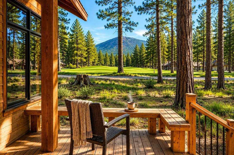 A private wooden deck with stunning mountain and forest views, featuring a rustic table and chair—perfect for your morning coffee surrounded by nature's serenity.