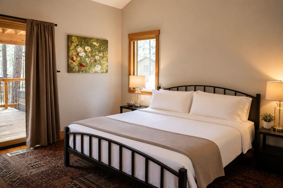 Your peaceful retreat awaits with a plush bed dressed in crisp linens, soft lighting, and views of the surrounding forest—perfect for unwinding after a day of adventure.