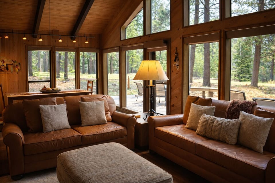 Sink into plush leather sofas beneath soaring wood beams while tall windows frame peaceful forest views in your cozy living retreat.