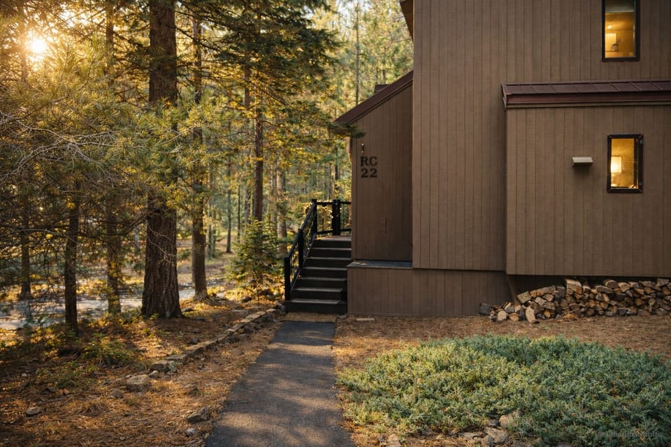 Modern cabin nestled among towering pines with warm light glowing from windows at golden hour.