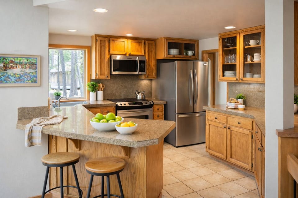 Gather around this spacious kitchen island where warm wood cabinets and granite countertops create the perfect space for your culinary adventures.