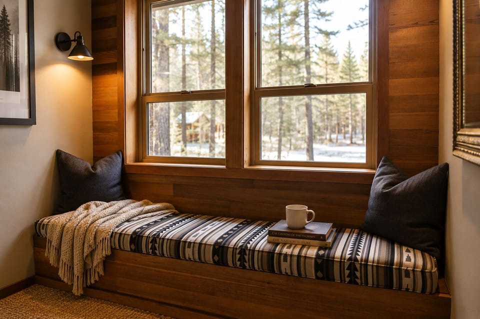 Curl up in your cozy window nook with a warm drink and a good book, watching snowflakes drift through the peaceful winter forest outside your windows.