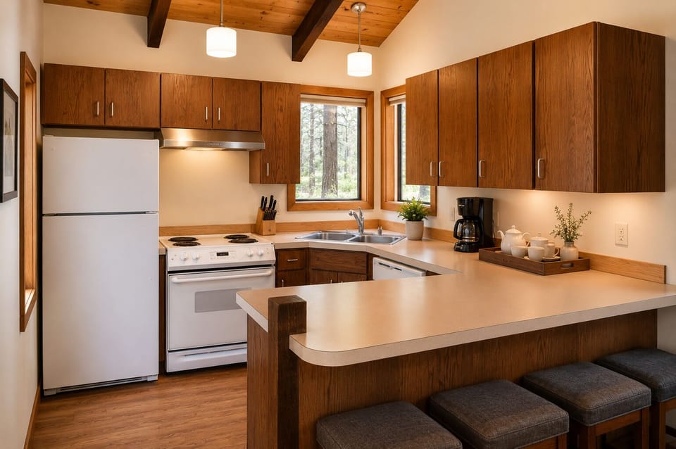 Your fully equipped kitchen features modern appliances, warm wood cabinetry, and a breakfast bar with seating—perfect for preparing meals and enjoying morning coffee with forest views.