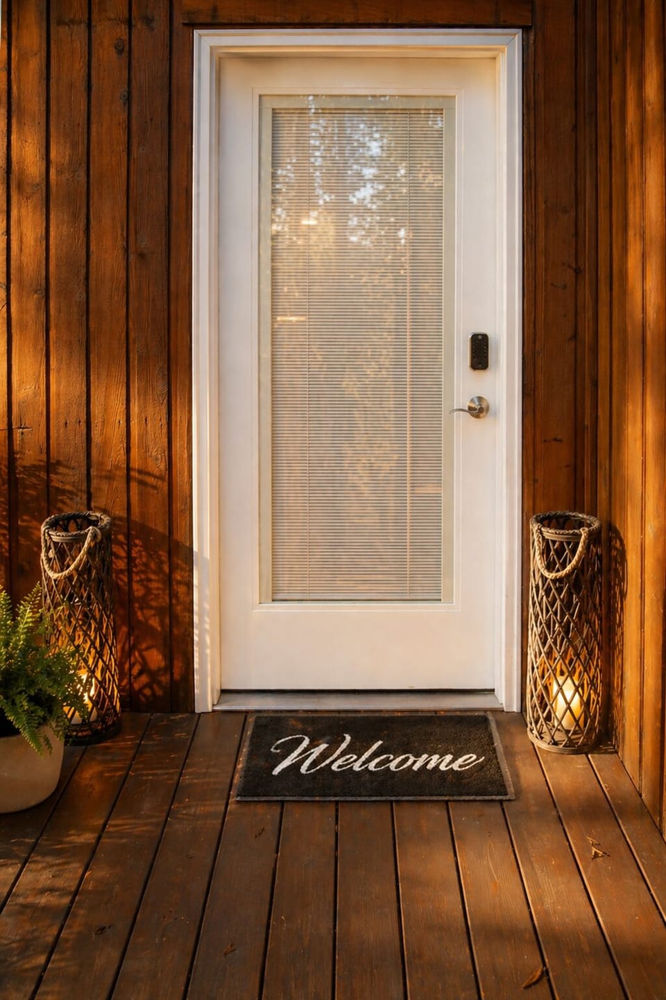 Charming wooden entrance with warm lanterns and welcoming mat creates an inviting arrival experience.