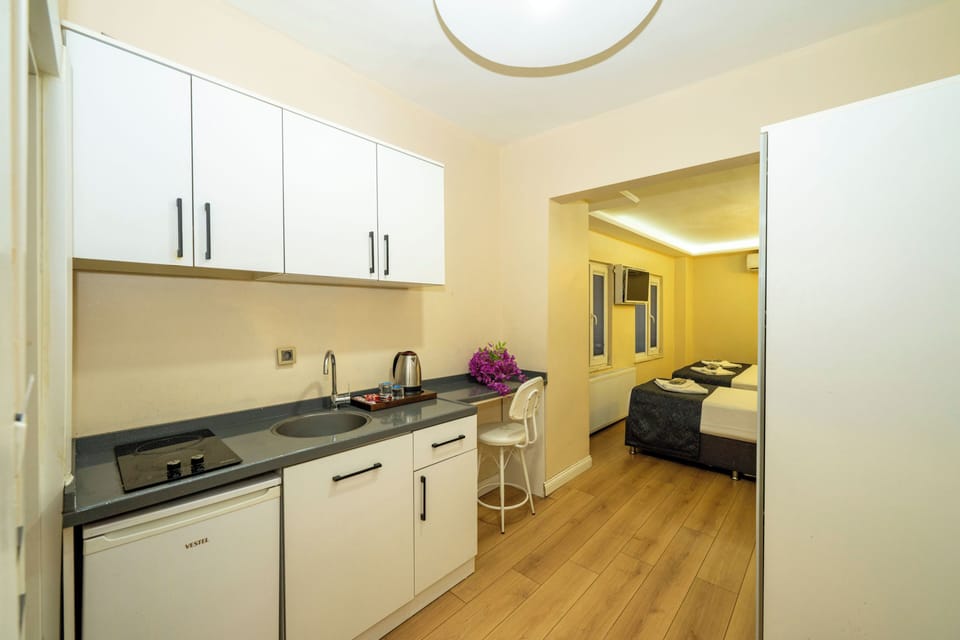 Mini-fridge, stovetop, electric kettle, rice cooker