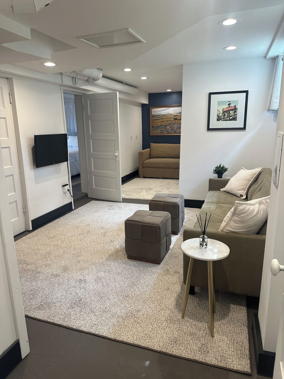 Living room with sofa, Roku TV, Chair with single bed pullout.