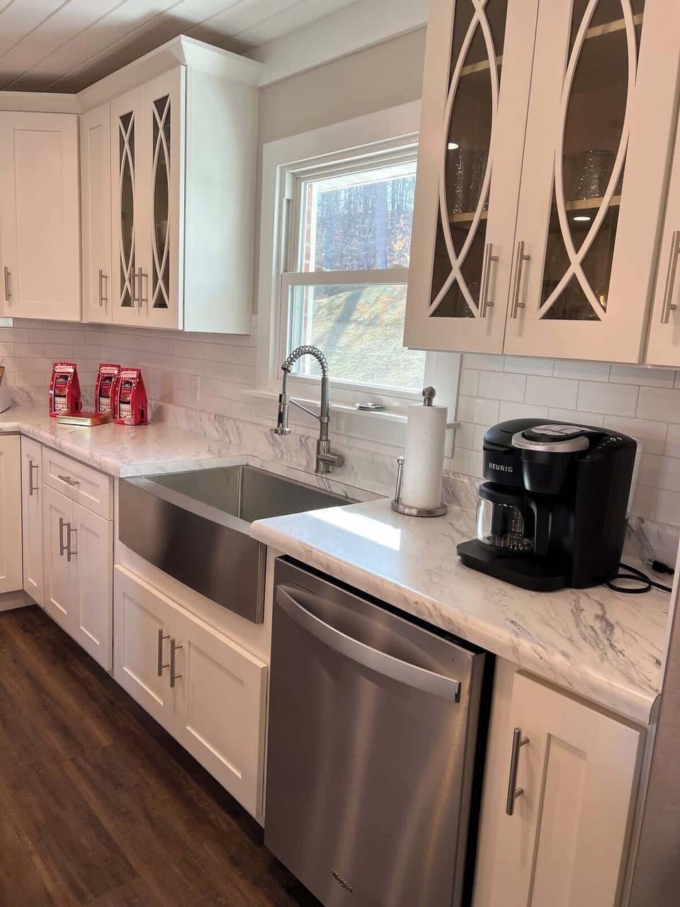 All new appliances, drip and single serve coffee maker, pots, pans and all the basic cooking essentials are provided. 