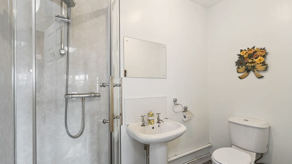 The downstairs shower room is perfect for rinsing off after using the hot tub.