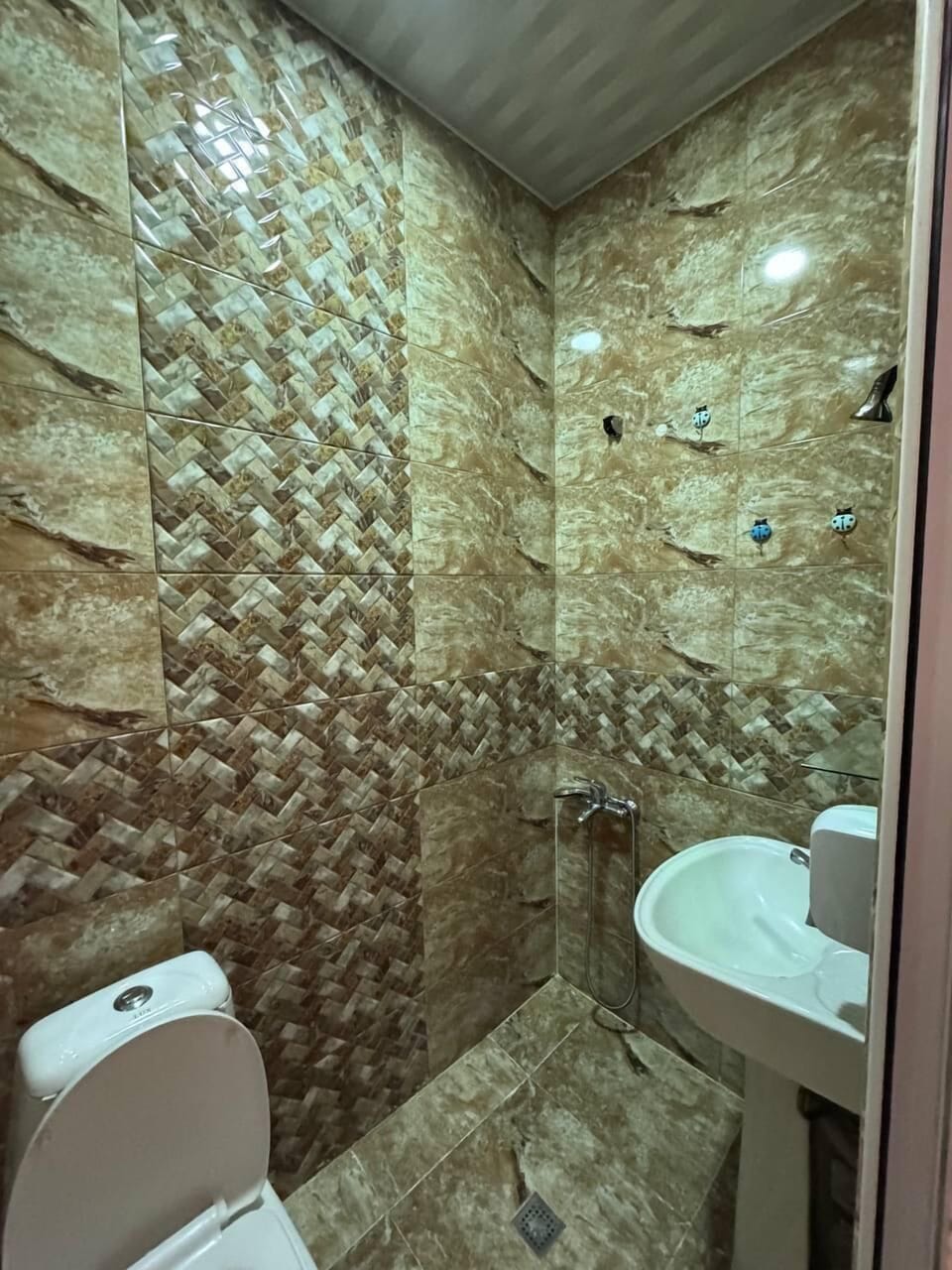 Combined shower/tub, hair dryer, towels, soap