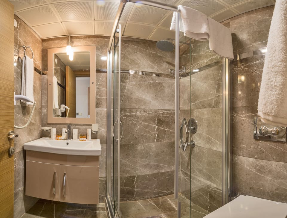 Shower, hydromassage showerhead, free toiletries, hair dryer