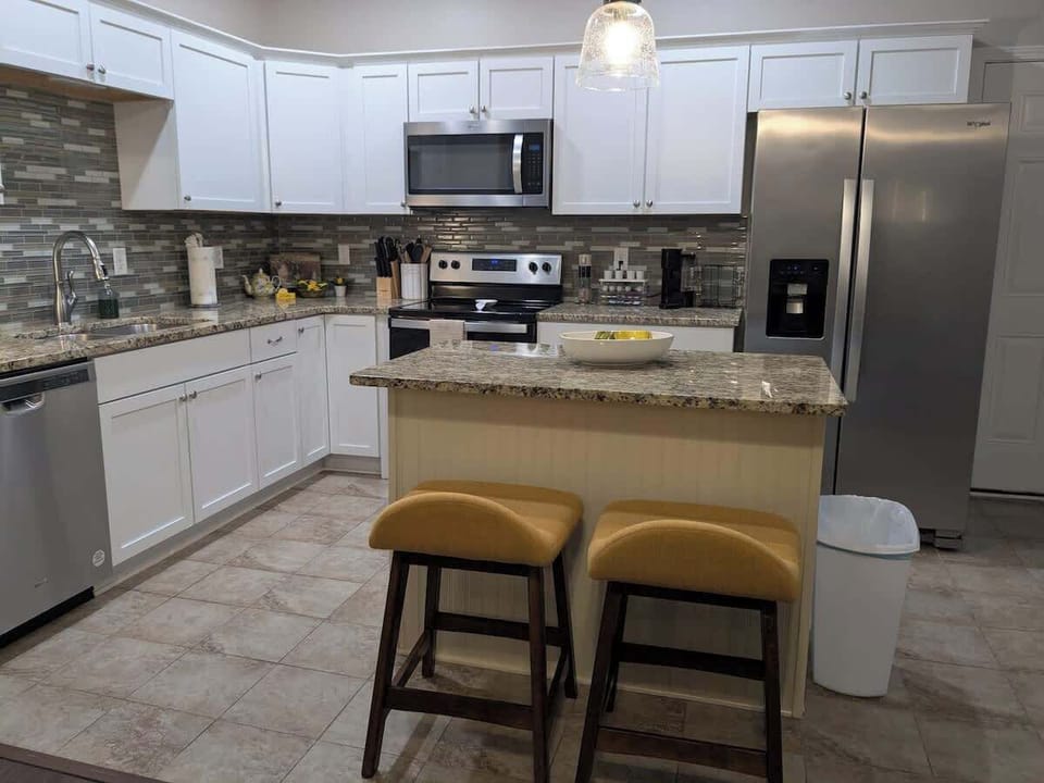 The kitchen as seen from the living room.