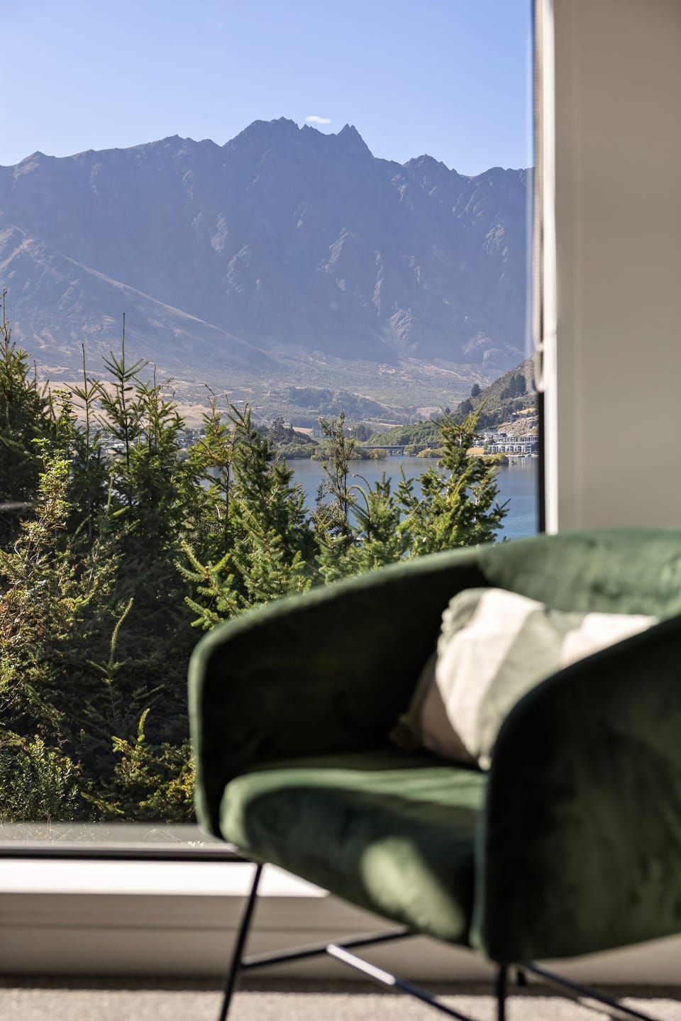 Reading nook with mountain and lake outlook