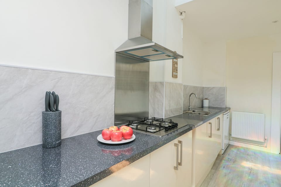 Fridge, microwave, toaster, cookware/dishes/utensils