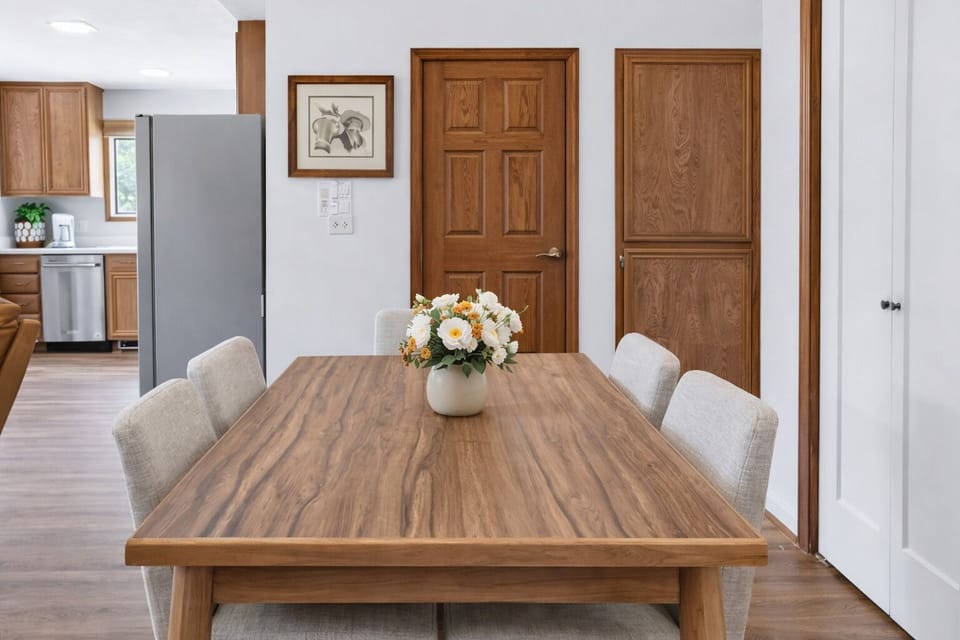 Warm dining for six, open to a bright kitchen with modern appliances.