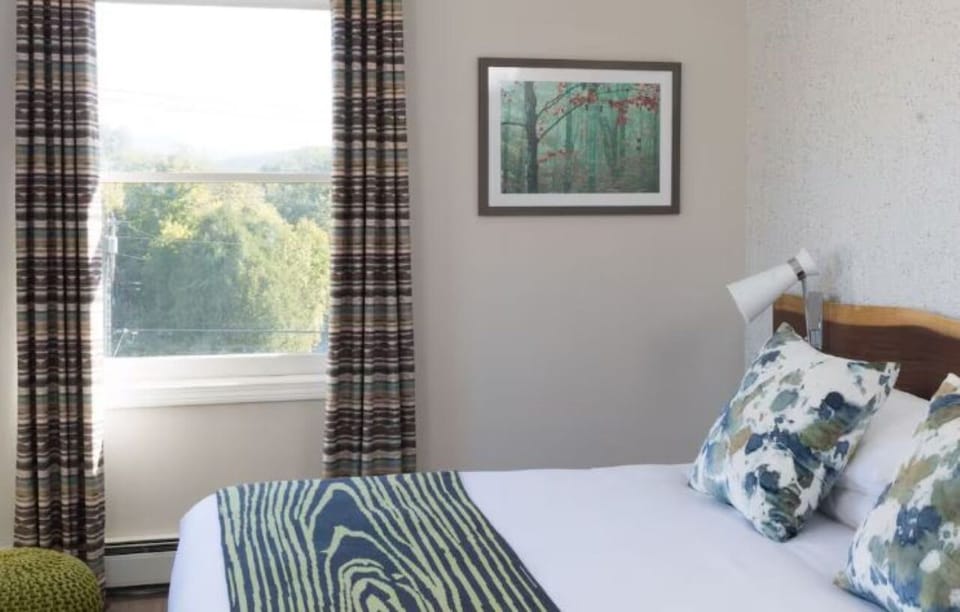 Wake to soft daylight and treetop views from bed.