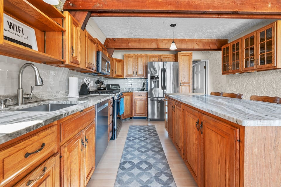 Looking at the kitchen from the dining area