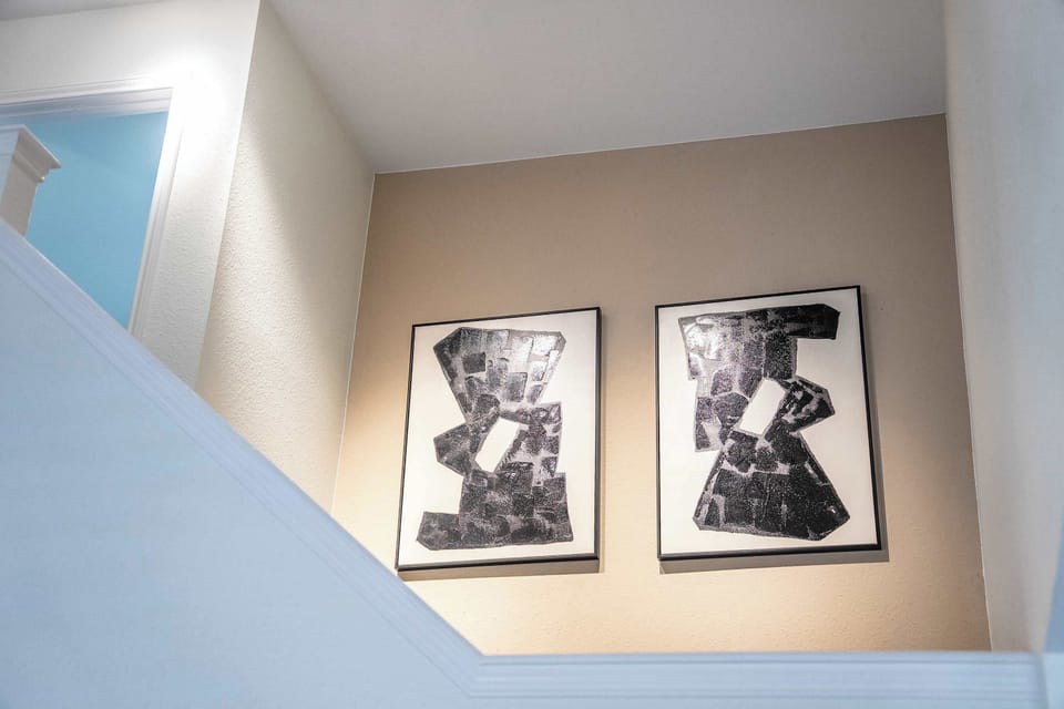 Stairs to second floor art installation 