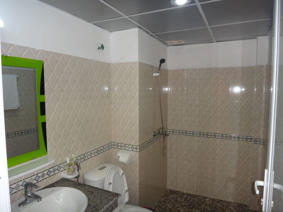 Shower, free toiletries, hair dryer, slippers