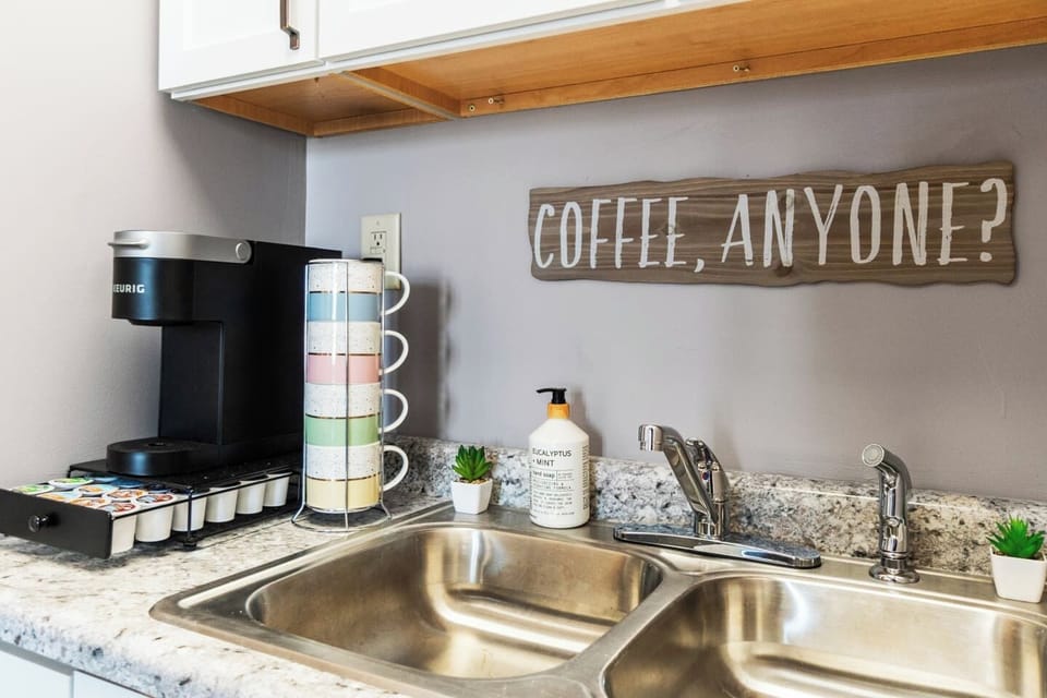 Enjoy a fresh cup of coffee with our Keurig machine and complimentary pods.