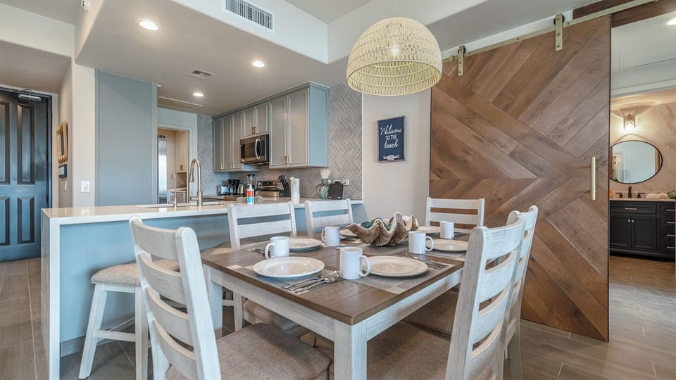 the dining table accommodates six